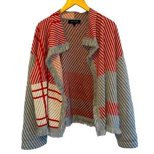 St. John 100% Wool Striped Fringe Open Draped Front Cardigan Sweater Size Large